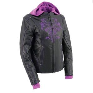 Leather Women's Black and Purple Leather Hoodie Jacket with Reflective Design